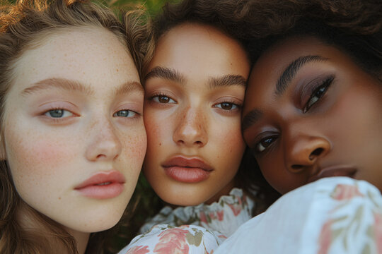 skin and portrait of diversity women group together for inclusion, beauty and power. Aesthetic model friends on beige background for skincare glow, pride and motivation for underwear self love