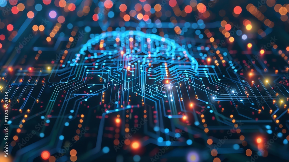 Poster a digital illustration of a brain with glowing lines and dots on a circuit board.