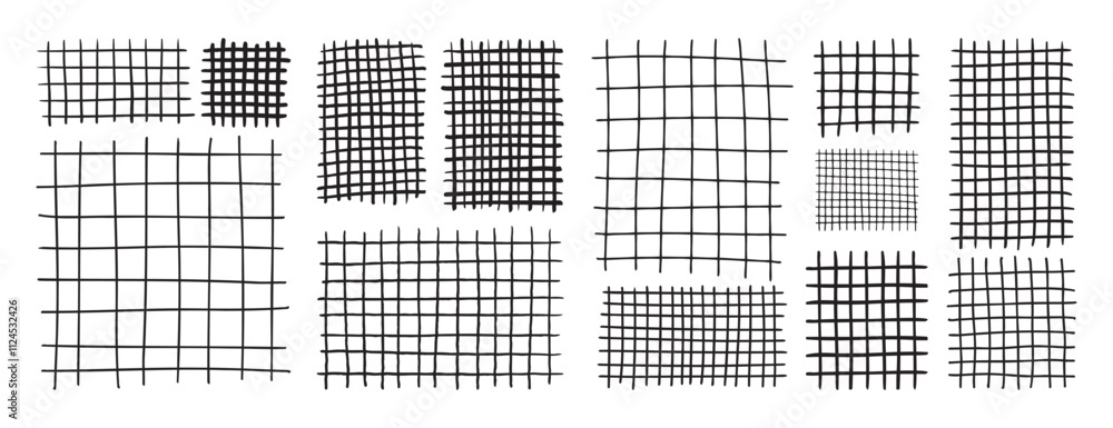 Poster doodle hand drawn grids for notes. square grid and striped pattern. geometric plaid pattern with pen