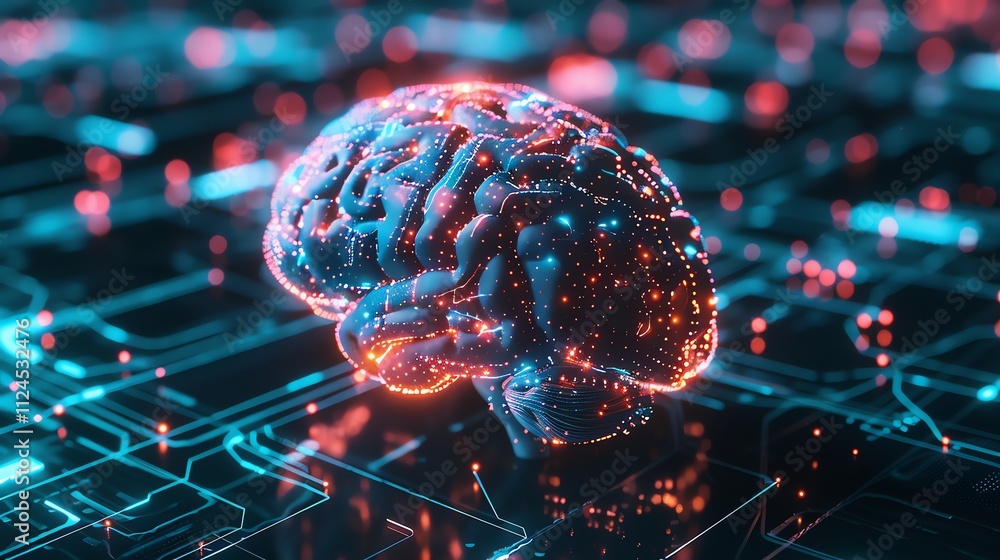 Aufkleber a digital rendering of a brain with glowing lines and dots.