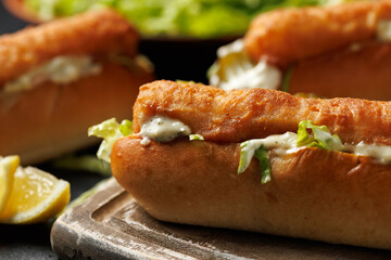 Fish finger hot dogs with gherkin and tartar sauce
