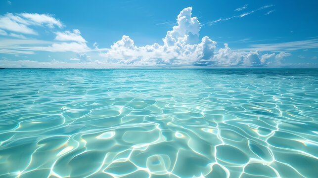 A photo of a blue sea with white fluffy clouds in the sky.