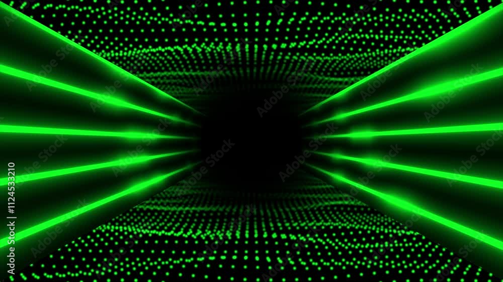 Poster green color circular dots neon lines 3d tunnel modern design loop-able dark geometrical background