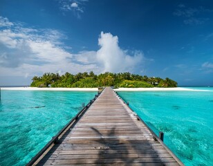 Fototapeta premium A scenic wooden pier stretching over turquoise waters to a paradise island in the Maldives, perfect for travel promotions and tropical lifestyle visuals