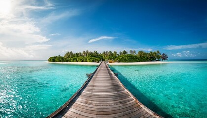 A scenic wooden pier stretching over turquoise waters to a paradise island in the Maldives, perfect for travel promotions and tropical lifestyle visuals