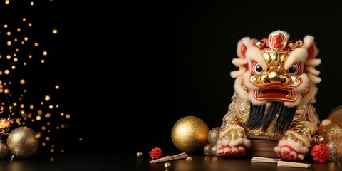 Fototapeta premium Golden Lion Dance: A traditional Chinese lion dance costume sits against a black background, surrounded by golden ornaments and sparkling lights.