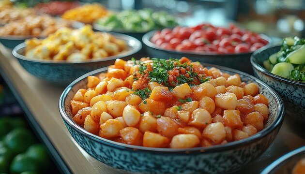 Multicultural Colleagues Sharing Diverse Dishes in Vibrant Buffet for Team Lunch Celebrating Diversity and Collaboration