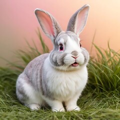 Happy Light Gray Bunny on Grassy Patch.generated by ai.