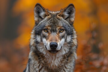 Fototapeta premium Majestic Wolf in Autumn Forest with Vibrant Fall Foliage