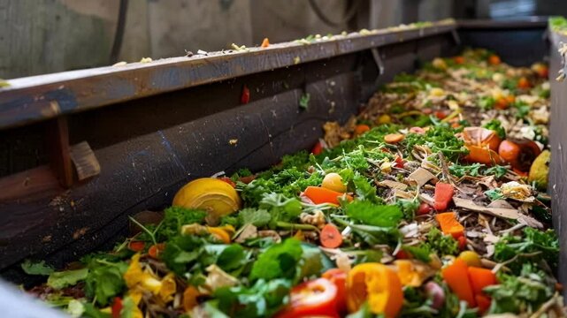 Organic waste moves along a conveyor belt in an industrial composting facility, showcasing the process of transforming food scraps into valuable compost for sustainable agriculture