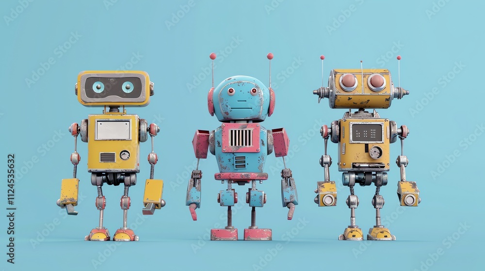 Poster three vintage-style robots standing in a row.