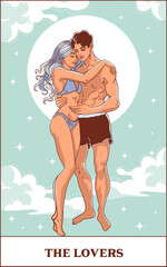 Tarot card 'The Lovers' featuring a romantic illustration of a couple embracing under a glowing full moon, surrounded by clouds and stars. Occult, fortune telling, tapestry