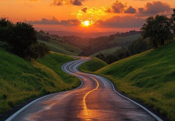 asphalt road sunset landscape rolling hills winding highway detail nature outdoor travel scenery