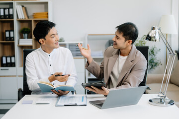 Kind leader executive manager share and discuss business solutions plan ideas on tablet