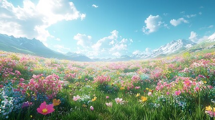 Obraz premium Vibrant Wildflower Field under Bright Blue Sky Serene Nature Landscape in Full Bloom