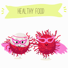 Rambutan fruit cute funny cheerful characters. Vector hand drawn illistration.