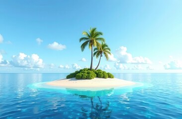 Small tropical island with palm tree in crystal clear blue ocean