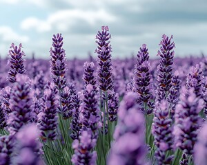 Obraz premium Serene Rolling Lavender Field Under Bright Blue Sky with Horizon