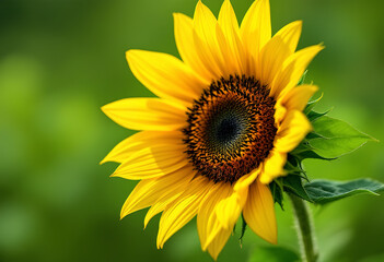 Obraz premium A bright yellow sunflower with a dark center, against a blurred green background