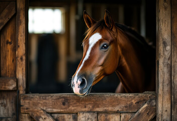 A brown horse with a white blaze on its face, standing in a wooden barn