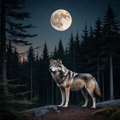 Majestic Wolf at Forest Edge Under Crescent Moon and Starry Sky. generated by ai. 