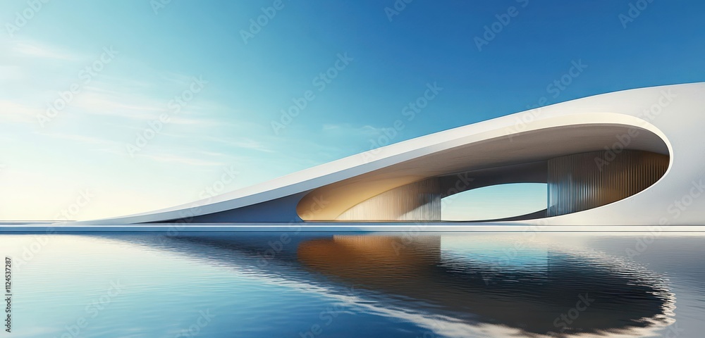 Poster minimalist architecture with sweeping curves and abstract geometric design in futuristic landscape w