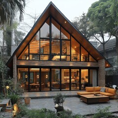 Modern A-frame house with large windows and patio. (1)