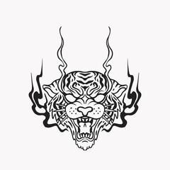 Tiger head with flames in a bold black-and-white illustration, featuring tribal-inspired details. Ideal for tattoo designs, t-shirt prints, or edgy graphic art