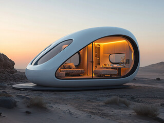 Obraz premium Life module for astronauts living on Mars. Minimal Scandinavian style living room and kitchen