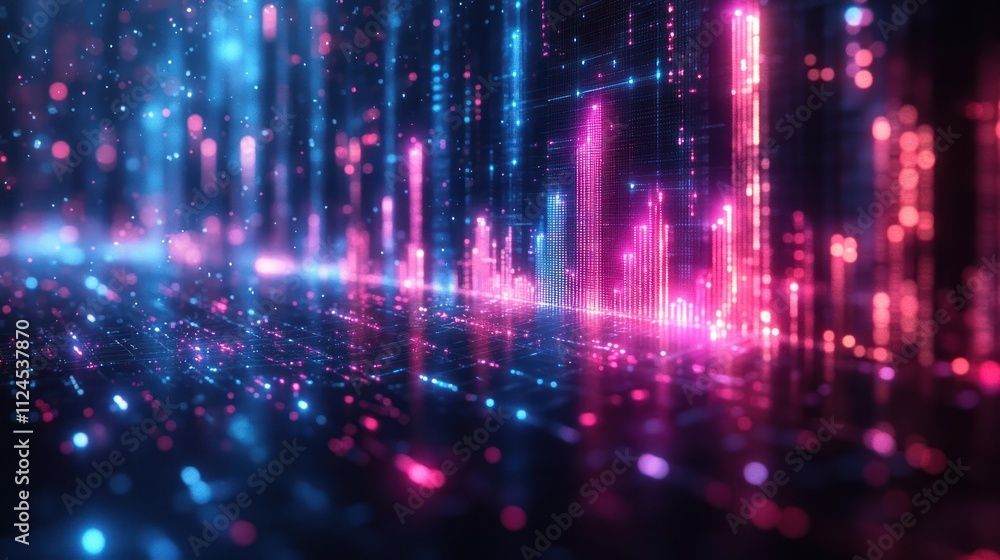 Poster futuristic data visualization with dynamic bar graphs and glowing line charts in cyberpunk style