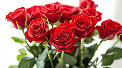 Obraz premium A bouquet of red roses with gift box on a white background. Blooming flowers, festive concept for Mother's Day or Valentine's Day. Greeting card, Easter flat lay, best wishes, copy space.