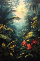 Intricate Jungle Landscape in Art Nouveau Style with Lush Foliage and Mystical Lighting