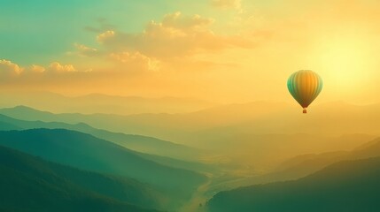 Fototapeta premium A Colorful Hot Air Balloon Soaring Above Serene Mountains and Rolling Hills Under a Soft Sunrise Sky with Gentle Hues of Orange, Blue, and Green