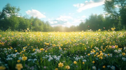Lush Wildflower Meadow Under Vibrant Blue Sky With Fluttering Butterflies