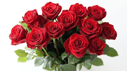 A bouquet of red roses with gift box on a white background. Blooming flowers, festive concept for Mother's Day or Valentine's Day. Greeting card, Easter flat lay, best wishes, copy space.