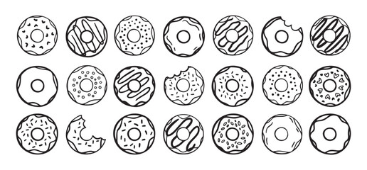 Doodle donuts set. hand drawn outline donut icons. Collection of cute doughnuts. Donut Doodles Sketch of cute donuts.