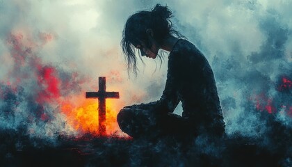 Woman Kneeling in Prayer Before the Cross in the Sky Digital Watercolor Painting