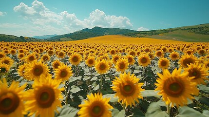 Obraz premium Sprawling Sunflower Field Under Bright Blue Sky Creating Sea of Vibrant Yellow Blossoms