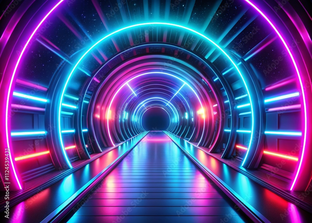 Poster 3d abstract background with neon lights forming a tunnel for creative projects and visual art, featu