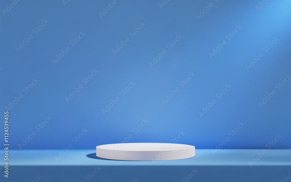 Poster 3d white podium in blue empty room with table. background studio scene with platform for product pre