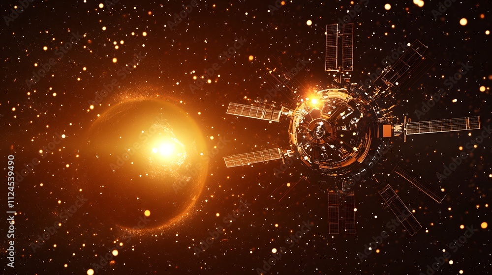 Poster a space station orbiting a glowing planet with a dark starry background, large empty space for text 