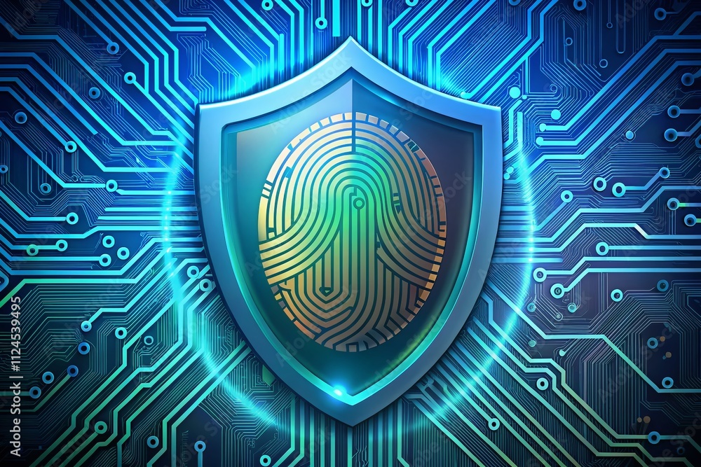 Poster 3d fingerprint enclosed in a shield with circuit board background for cybersecurity concept and data