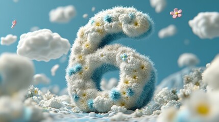 A colorful fluffy number six surrounded by cheerful clouds and whimsical flowers in a bright blue sky