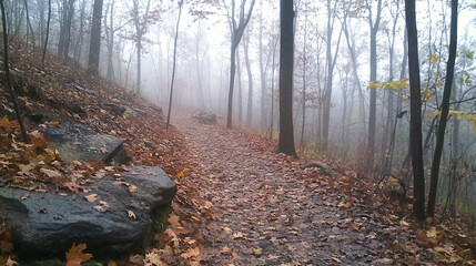 Fototapeta premium A misty autumn morning with soft fog covering the ground in a forest, with fallen leaves scattered along the trail.
