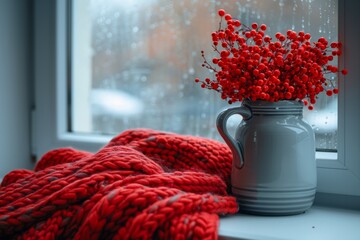 Stylish white couch adorned with red and white pillows and cozy red blanket for a chic look