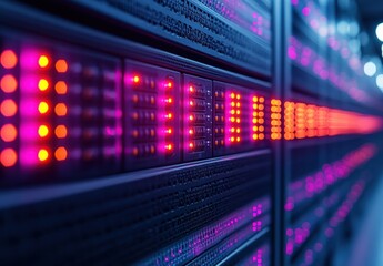 Fototapeta premium high-tech server racks glowing LED lights network cables ethernet switch data center cyberspace digital technology