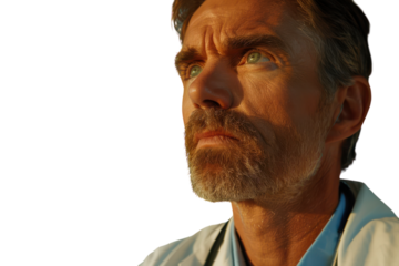 A doctor with a concerned expression gazes into the distance pondering patient care and health challenges