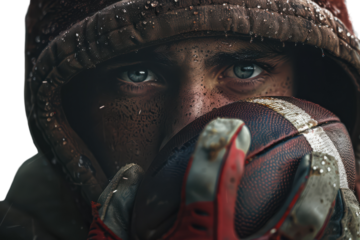 A Football Player Holding a Football Close to Their Chest Ready for Action