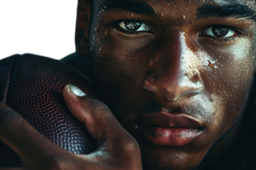 A Professional Football Player Holding a Football Close to Their Chest during a Game in a Dynamic Sports Environment