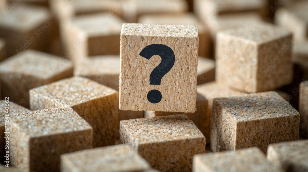 Poster during a lively brainstorming session, wooden blocks with question marks are spread across a table. 